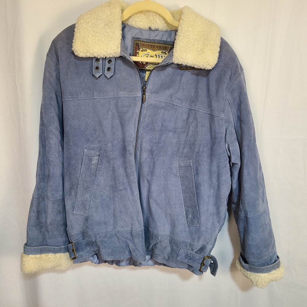 G-III Y2K Blue Suede Jacket with Shearling Collar Medium Bomber Jacket